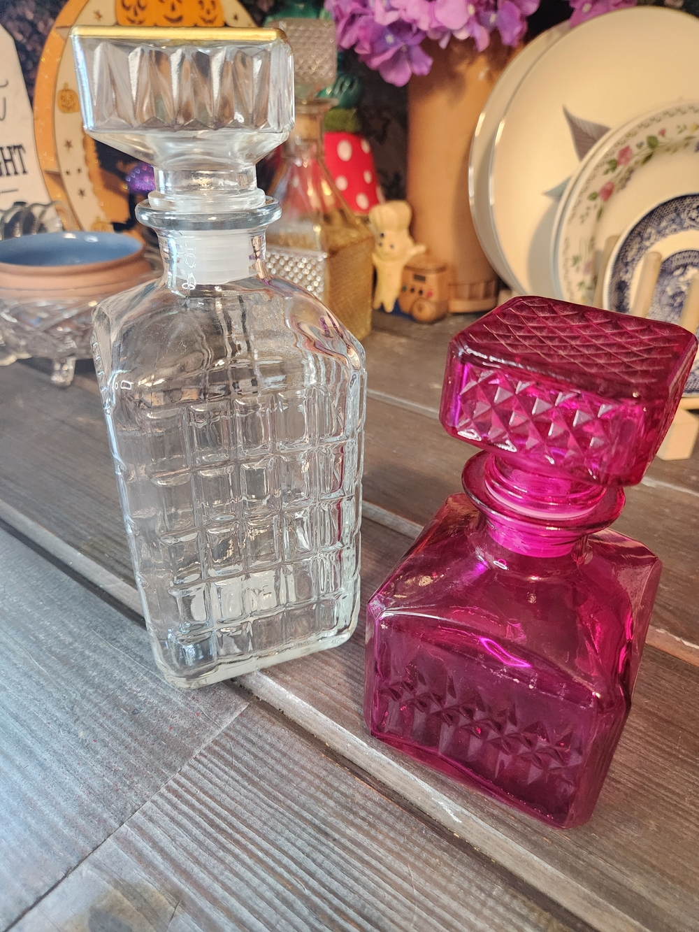 Clear Glass & Pink Glass Decanter Set, Gols Trim On Clear Glass